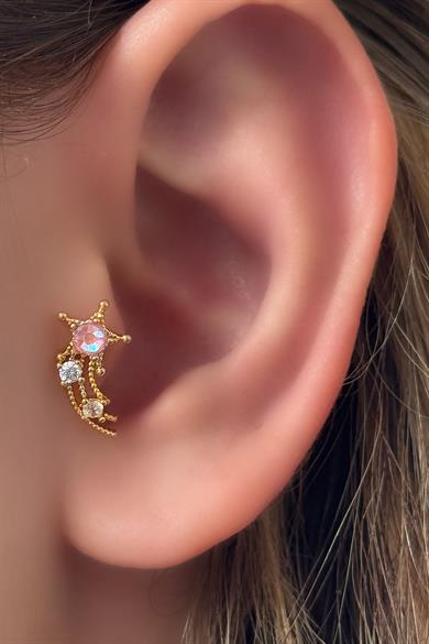 Altın Renk Yıldız Detaylı Çelik Tragus/Kıkırdak Küpe/Piercing (Tek)