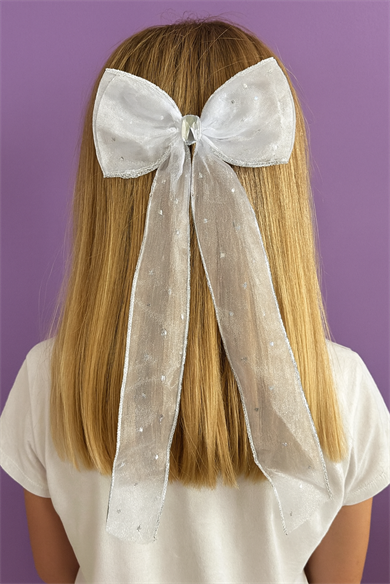 Beyaz  Renk Yıldız Detaylı Taşlı Kurdele Otomat Toka