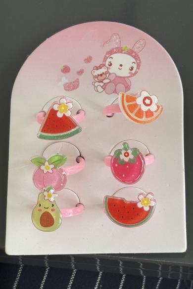 6lı Pembe Renk Karışık Figürlü Çocuk Yüzük Set