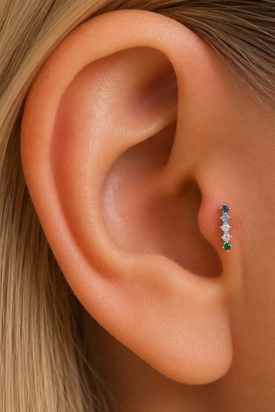 Gümüş Renk Taşlı Cerrahi Çelik Tragus/Kıkırdak Küpe/Piercing (Tek)