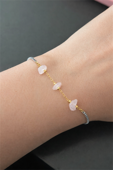 Altın Ve Gümüş Renk Pembe Taş Detaylı Çelik Bileklik