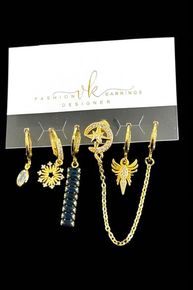 6lı Altın Renk Taş Detaylı Küpe Set