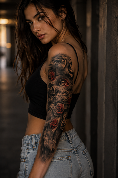 Gül Ve Aslan Kol Geçici Dövme Tattoo