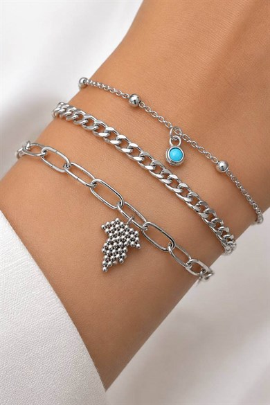 Gümüş  Renk  Zincir Detaylı 3lü Bileklik Set
