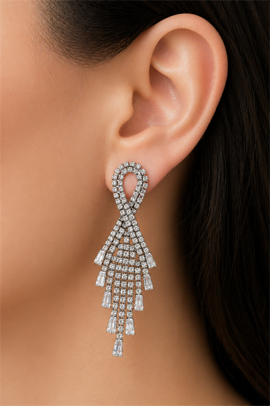 Gümüş Renk Taş Detaylı Abiye Küpe (Çift)