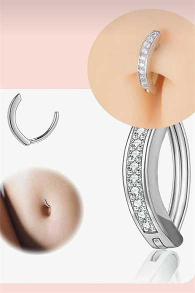 Gümüş Renk Taşlı Halka Cerrahi Çelik Göbek Piercing
