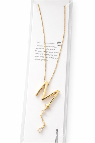 Altın Renk M Harfli Taş Detaylı Çelik Kolye