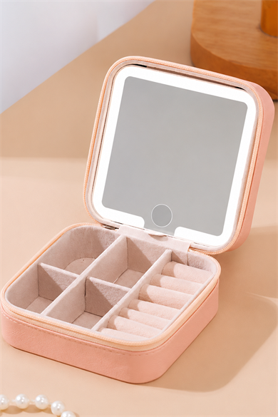 Pembe Renk Dokunmatik Işıklı Aynalı  Takı Organizeri