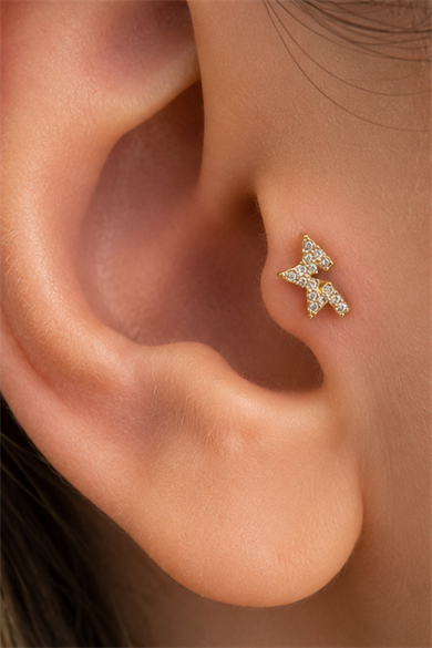 Altın Renk Yıldız Figürlü Taşlı Cerrahi Çelik Tragus/Kıkırdak Küpe/Piercing (Tek)