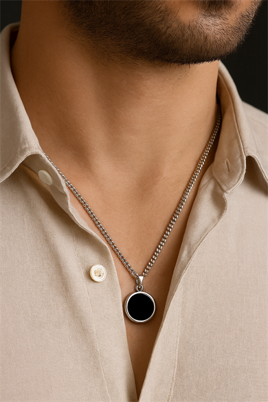 Gümüş Renk Taş Detaylı Erkek Zincir Çelik Kolye (60cm)