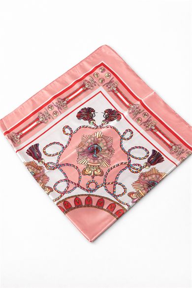 Pembe Renk Karışık Desenli Saten Şal/Fular