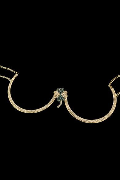 Altın Renk Yonca Figürlü Taş Detaylı Tasarım Vücut Aksesuar