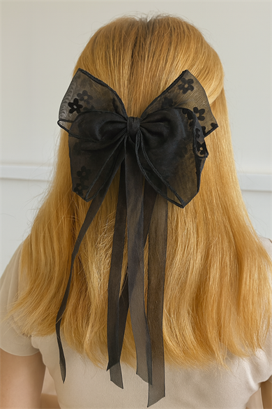 Siyah Renk Çiçek Detaylı Kurdele Otomat Toka