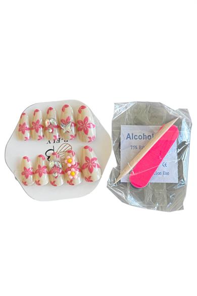 10lu Pembe Ve Krem Renk Çiçek Figürlü Taş Detaylı Takma Tırnak Set (Yapıştırıcılı)