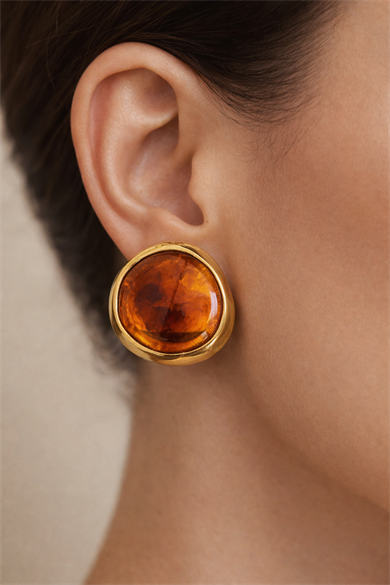 Altın Renk Kahverengi Mineli Metal Küpe (Çift)