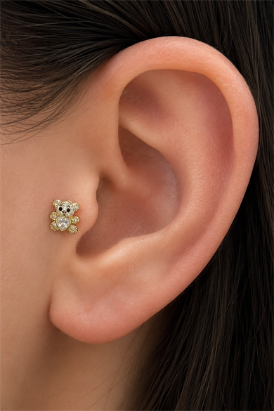 Altın Renk Ayıcık Figürlü  Taşlı Cerrahi Çelik Tragus/Kıkırdak Küpe/Piercing (Tek)