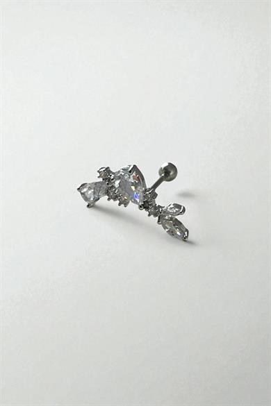 Gümüş Renk Taş Detaylı Çelik Tragus/Kıkırdak Küpe/Piercing (Tek)