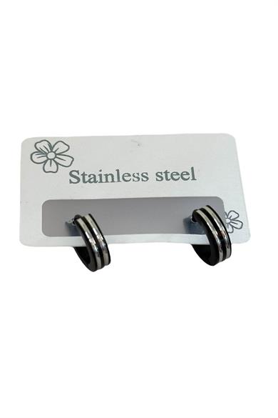 Siyah Renk Çizgi Detaylı Erkek Çelik Küpe (Çift)