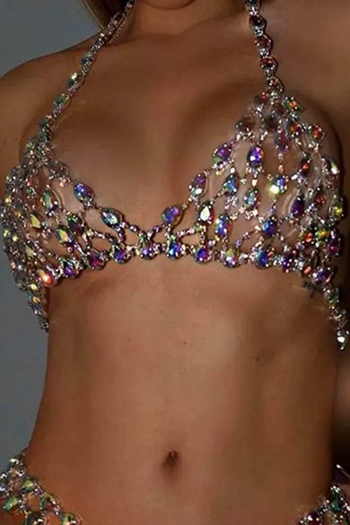 Gümüş Renk Hologram Taş Detaylı Bikini Üstü /Bralet /Vücut Aksesuarı