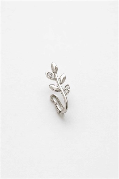 Gümüş Renk Yaprak Figürlü Taş Detaylı Cerrahi Çelik Deliksiz Kulak/Burun Piercing 