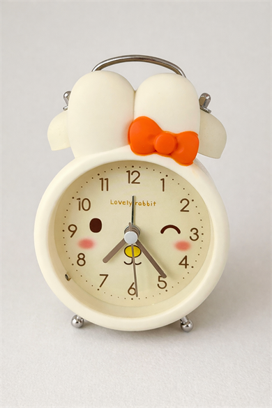 Sarı Renk Tavşan Figürlü Mini Dekoratif Işıklı Alarmlı Yuvarlak Masa Saati