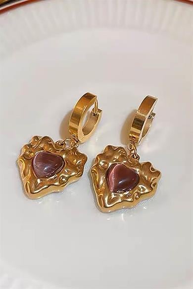 Altın Renk Kalp Detaylı Çelik Küpe (Çift)