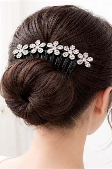 Siyah Renk Çiçek Figürlü Taş Detaylı Tarak Toka