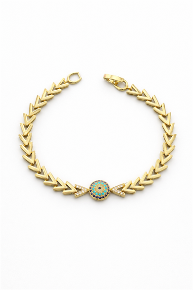 Altın Renk Nazar Boncuğu Figürlü 14K Altın Kaplama VİP Bileklik