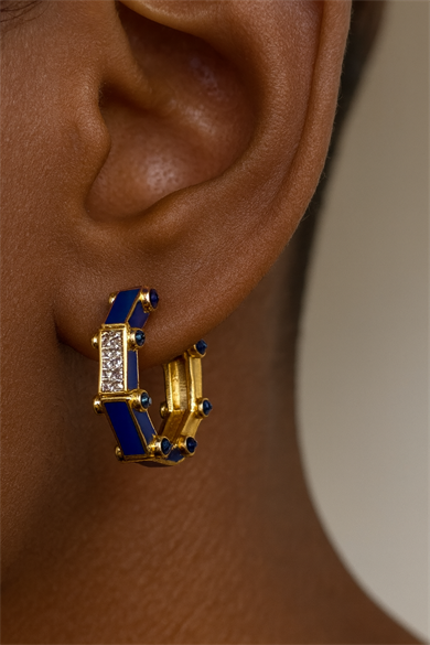 Altın Ve Mavi Renk Taş Detaylı YSX Küpe (Çift)