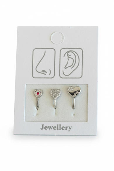 Gümüş Renk Karışık Figürlü Deliksiz Kulak/Burun 3lü Piercing Set