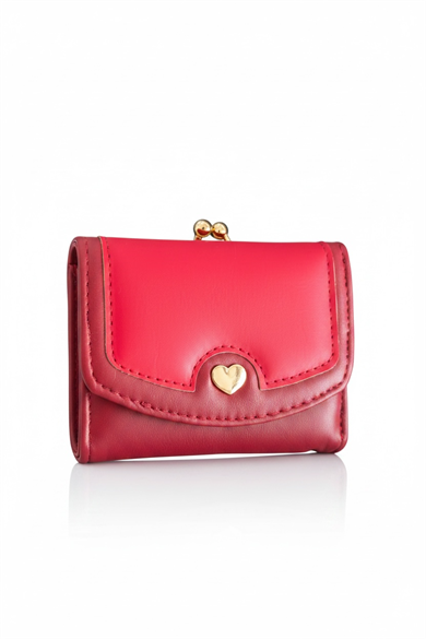 Kırmızı Renk Kalp Detaylı Deri Kadın Cüzdan