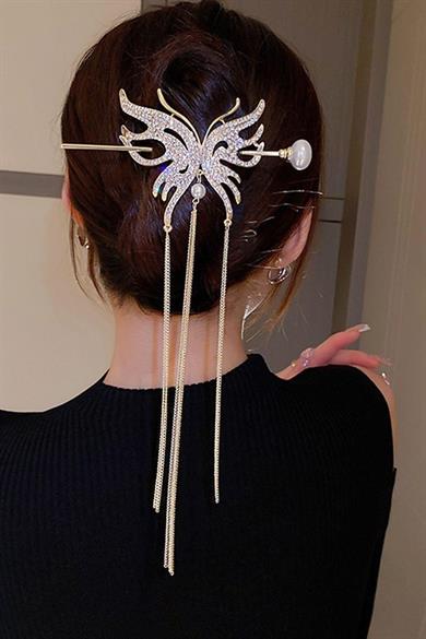 Altın Renk Kelebek Figürlü Taşlı Sallantılı Topuz Toka