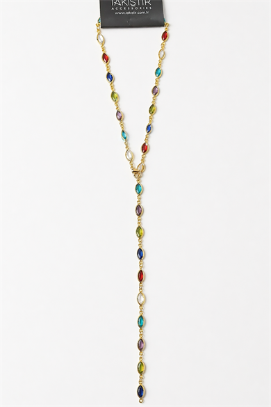 Altın Renk Taş Detaylı Çelik Y Kolye