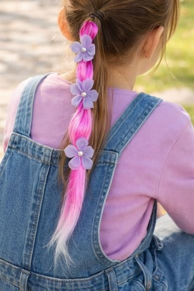 Fuşya Renk Çiçek Figürlü Saç Detaylı Lastik Toka