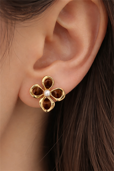 Altın Ve Kahve Renk Çiçek Figürlü Küpe (Çift)