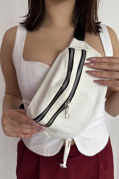 Beyaz Renk Deri Bel Çantası