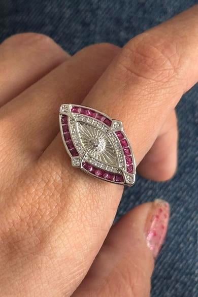 Gümüş Ve Pembe Renk Taş Detaylı 14K Altın Kaplama Ayarlanabilir Yüzük