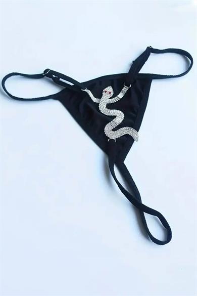 Siyah Renk Yılan Figürlü Taş Detaylı Tanga