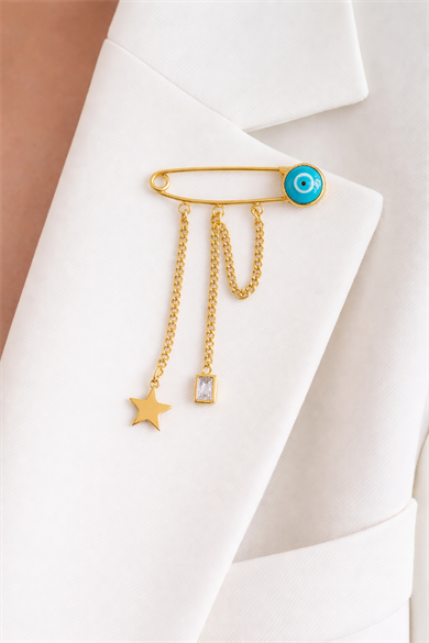 Altın Renk Nazar Boncuk Figürlü Kilitli İğne