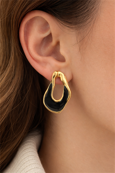 Altın Renk Siyah Taş Detaylı Küpe (Çift)