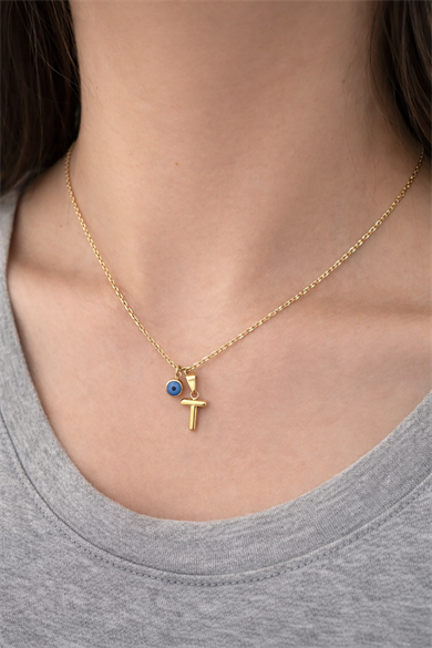 Altın Renk T Harfli Nazar Boncuk Detaylı Çelik Kolye