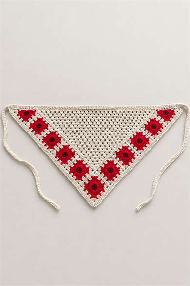 Kırmızı Renk Çiçek Desenli Örgü Saç Bandana