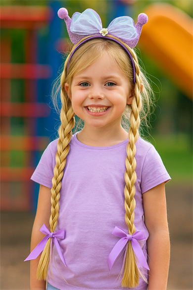 Mor Renk Kurdele Figürlü Örgü Detaylı Kulaklı Çocuk Taç