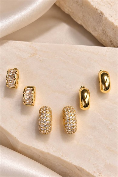 Altın Renk 6lı Taşlı Küpe Set