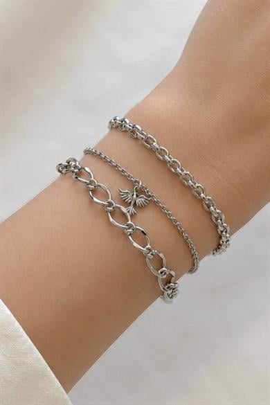 Gümüş Renk Kuş Figürlü Zincir Detaylı 3lü Bileklik Set