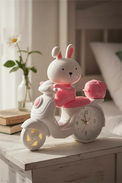 Pembe Renk Motor Figürlü Mini Dekoratif Alarmlı Yuvarlak Masa Saati