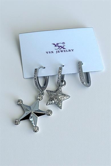 Gümüş Renk Yıldız Figürlü Taş Detaylı 6lı YSX Küpe Set  