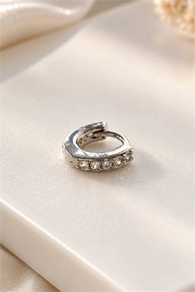 Gümüş Renk Taşlı Cerrahi Çelik Halka Tragus/Kıkırdak Küpe/Piercing (Tek)