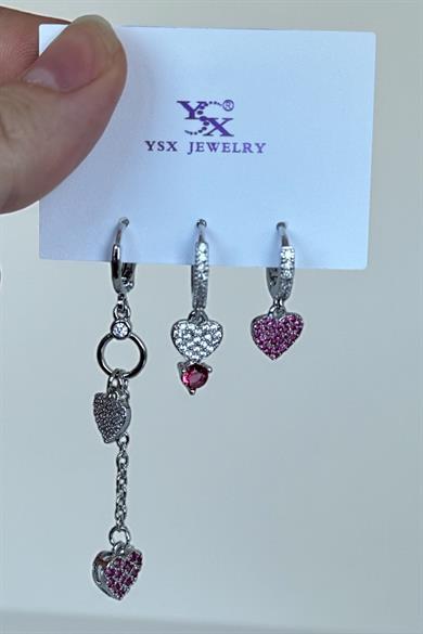 Gümüş Renk Kalp Figürlü Taş Detaylı 6lı YSX Küpe Set  