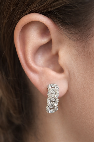 Gümüş Renk Taş Detaylı 14K Altın Kaplama TX Halka Küpe (Çift)